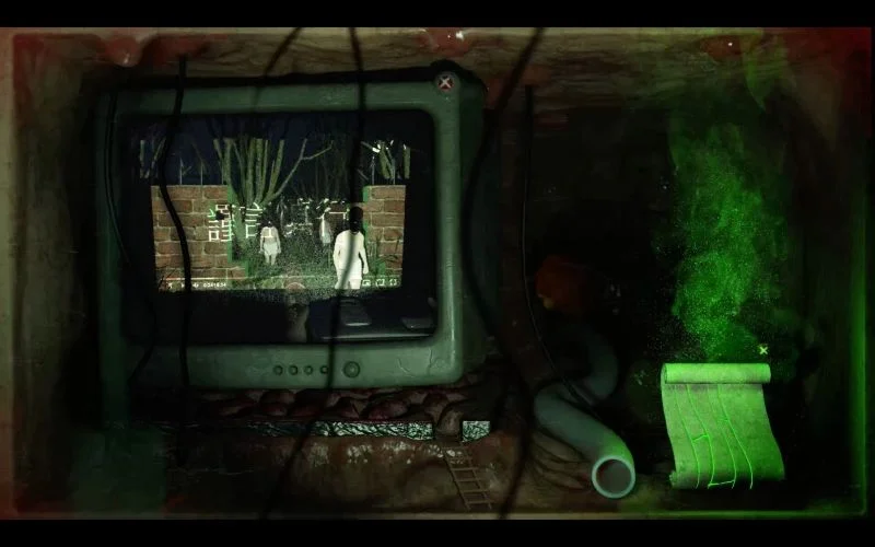 《Rewiring》最左側螢幕中，在投影機的光線照耀下，樹林中戴面罩的人們倉皇逃竄，投影出來的內容是一支只有字幕的YouTube影片。然而，沒有人在看投射至樹林中的影像，人們往影像投射的反方向逃出樹林。（擷取自《Rewiring》，©李亦凡）