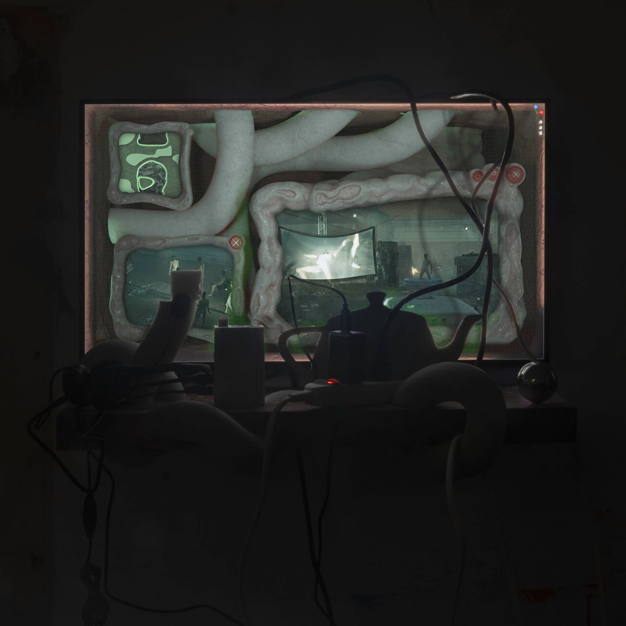 在《Rewiring》中間螢幕的一幅影像中，投影機投出了人的影像，是一個頭戴面罩的人即時轉播著現場發生的事件，螢幕前的耳機隱隱傳出他講話的聲音；左下角的直播的影像則徘徊在同一塊地域中，並未真正離開。（李亦凡提供）