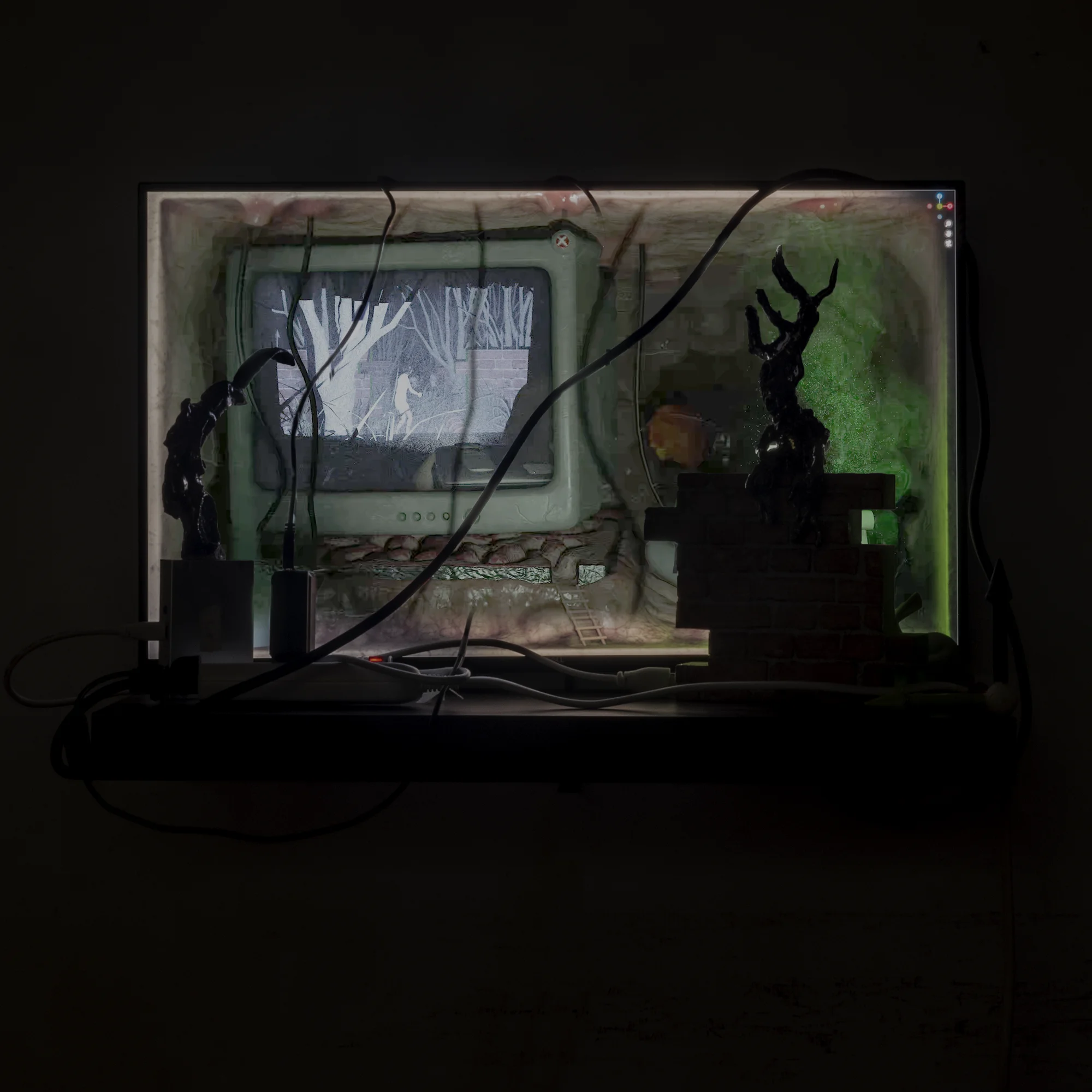 《Rewiring》最左側螢幕中，全部影像中的「人」都沒有臉孔，不是帶著黑色面罩，就是被液體淹沒而掩蓋住。投影機卻與影像中的人抱持相反的視線、以相反的方向運動；而投影機向樹林移動的影像，在某個時間點又會倒轉，直到回到原點。（李亦凡提供）