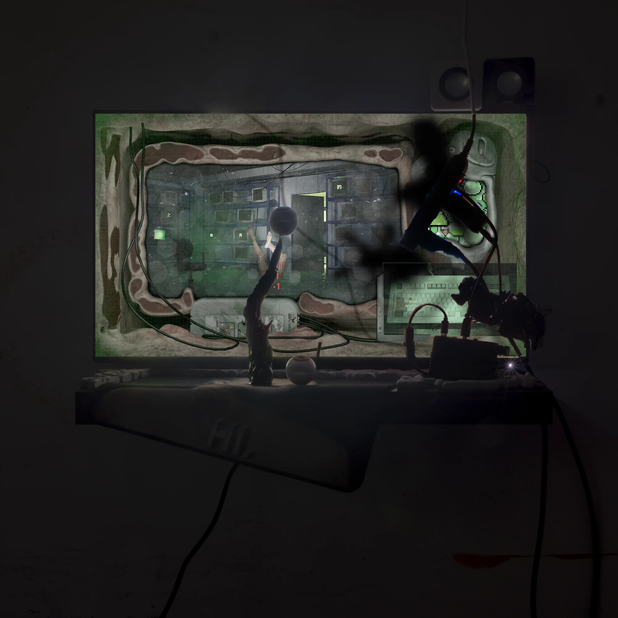 三個螢幕前方皆放置了許多物件，電線、延長線、樹莓派直接展示，並特地錯綜複雜地排列，暴露出影像的播放結構：電源、電線、電腦、螢幕，尤其是電線，遊走於影像內與影像外；圖為《Rewiring》最右側螢幕。（李亦凡提供）