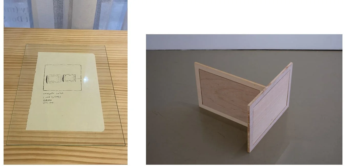 BLUE BUTTON, Exchanging Wood Grain, 2021, exhibition view, About Dirty Lemon Yellow, Zone Art. Left photo: Lin Pei-Yao. Right photo: Courtesy of the artist.